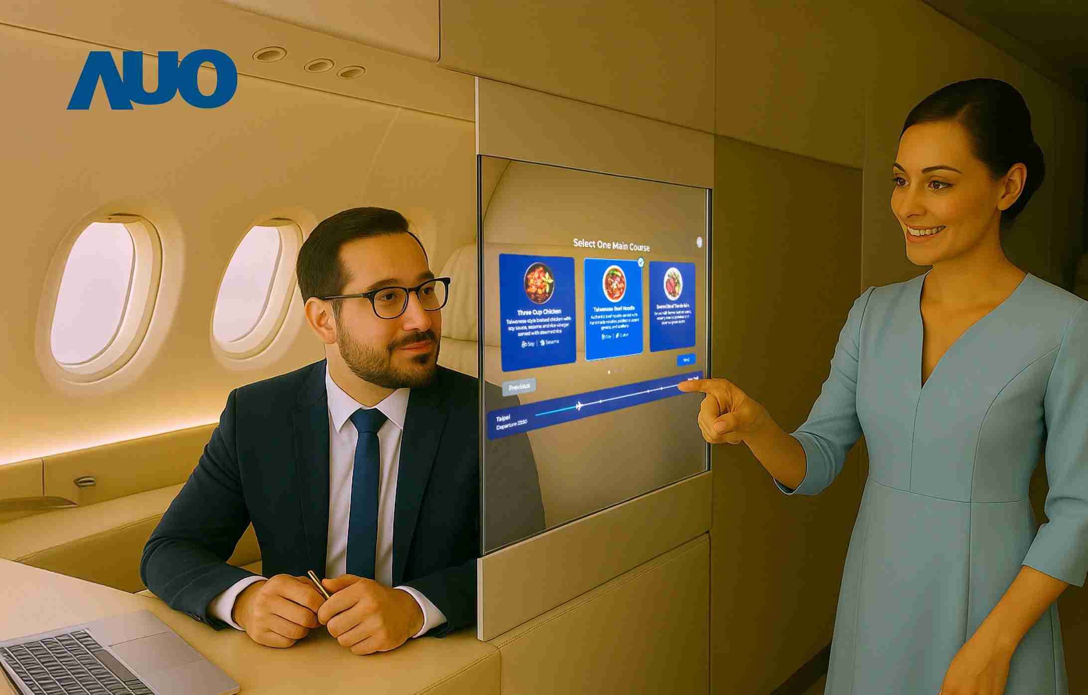 2121非凡研发全球最薄17.3 吋双面透明 Micro LED 显示器，，，，可在同一屏幕之双边投射不同信息，，，创造独特的”透明化”互动；图为实时翻译交流应用情境