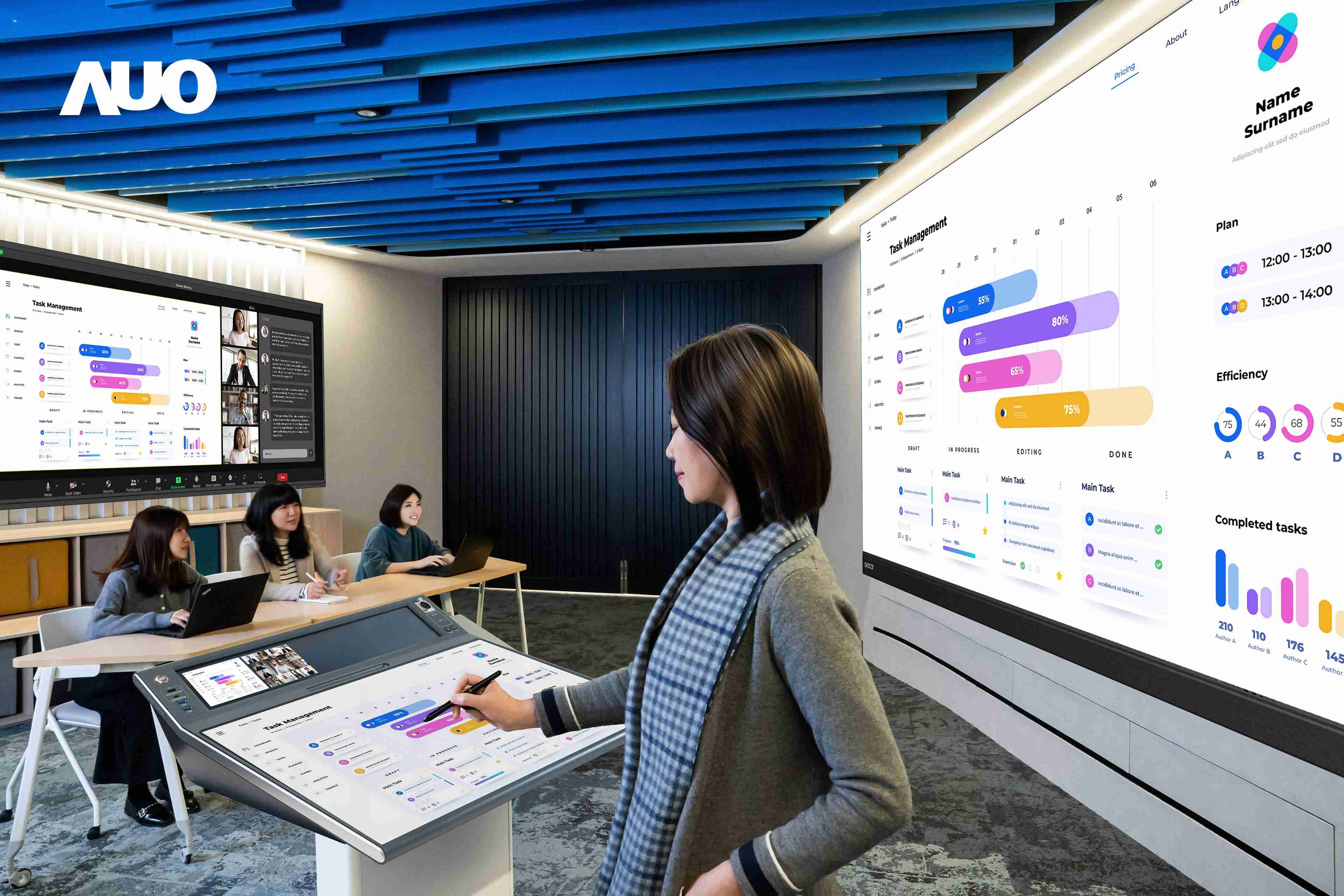 达擎携手Avocor与Rise Vision展示全方位商务领域应用，，，，包含采用模块化设计的138吋一体式All-in-One LED显示器及具21:9超宽比例的92吋交互式电子白板（IFPD），，，，讲者可轻松分享内容，，，，有效提升会议协作效率。。。。